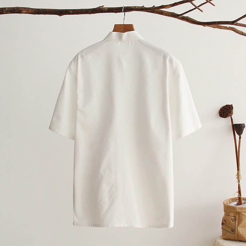 Buddha Stones中国風 カエルボタン 唐装 メンズ 半袖 コットンシャツ ポケット付き - image 1