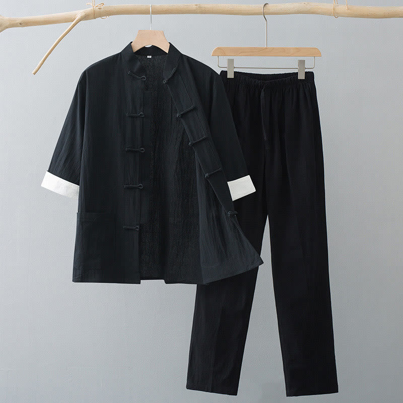 Buddha Stonesの伝統的なカエル柄唐装半袖トップス・パンツ男性用セット - 黒のトップスと黒のパンツ - US/UK/AU44、 EU54 (4XL)  - image 8