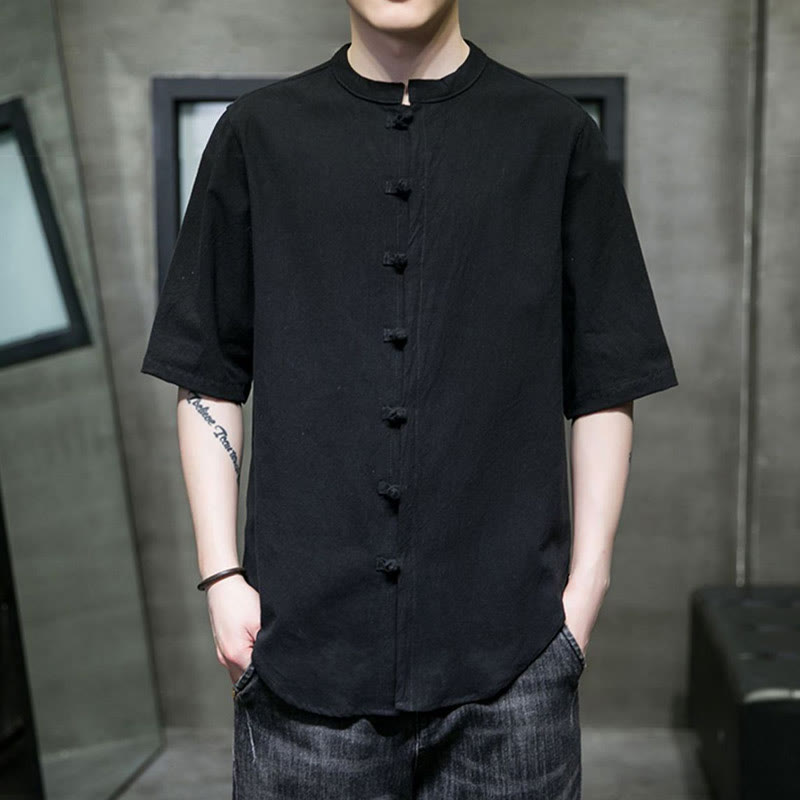 Buddha Stones無地 メンズ 半袖 コットンシャツ - 黒 - US/UK/AU46、 EU56 (5XL)  - image 16