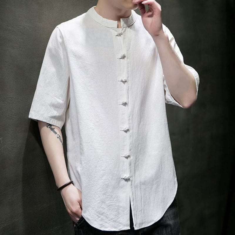 Buddha Stones無地 メンズ 半袖 コットンシャツ - image 3