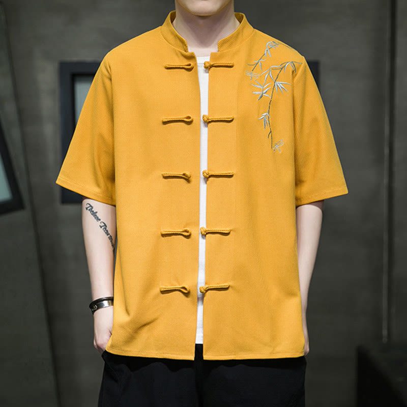 Buddha Stonesカエルボタン 葉 トンボ 刺繍 メンズ 半袖シャツ - 金 - US/UK/AU46、 EU56 (5XL)  - image 6