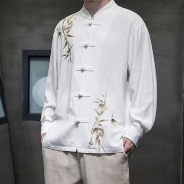 Buddha Stones中国風 カエルボタン 唐装 竹の葉 長袖シャツ コットンリネン メンズジャケット - image 1