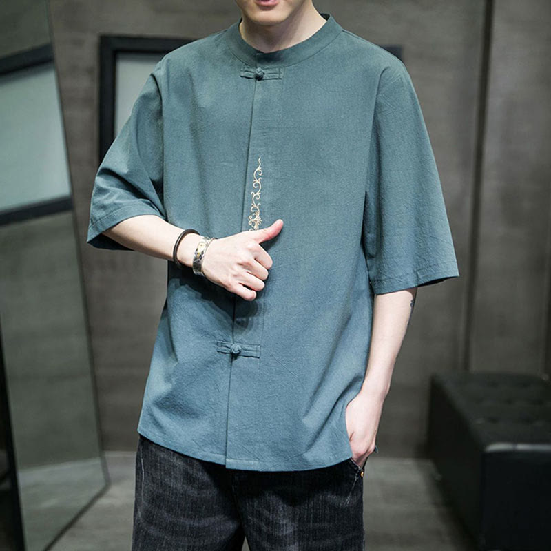 Buddha Stones無地 カエルボタン 刺繍 メンズ 半袖 コットンシャツ - image 7