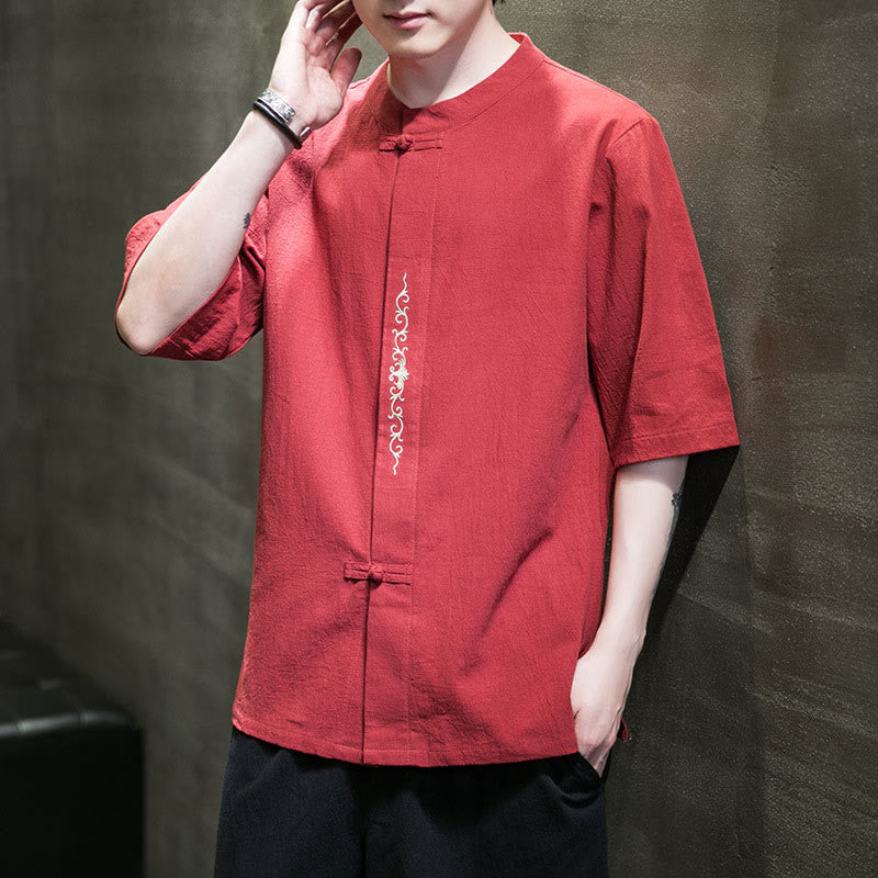 Buddha Stones無地 カエルボタン 刺繍 メンズ 半袖 コットンシャツ - トマト - US/UK/AU46、 EU56 (5XL) - image 27