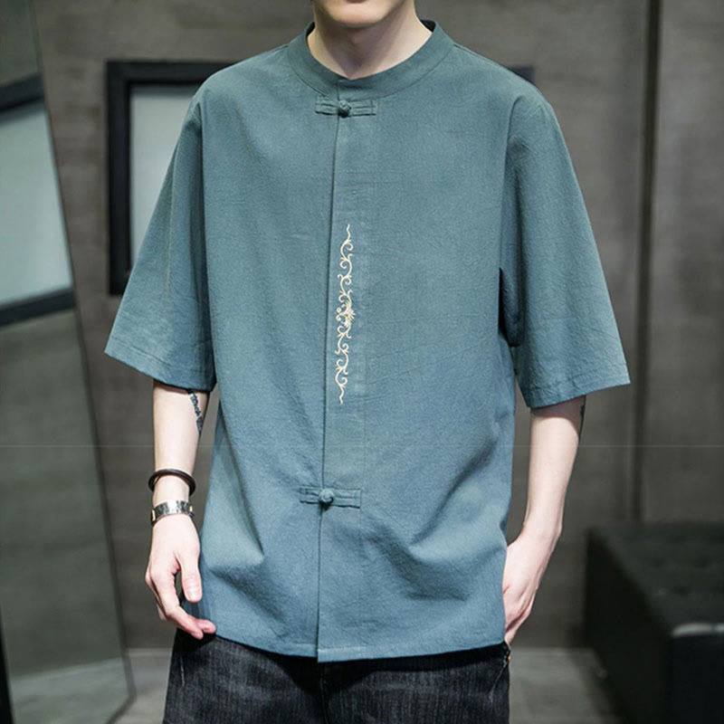 Buddha Stones無地 カエルボタン 刺繍 メンズ 半袖 コットンシャツ - image 6