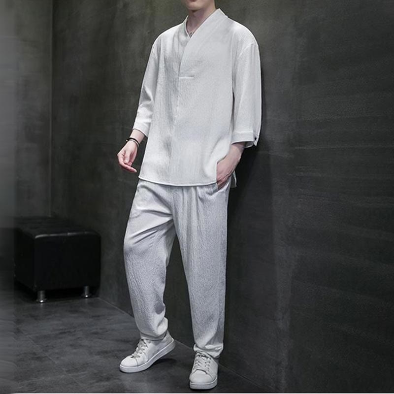 Buddha Stones無地 七分袖シャツ カジュアルパンツ 服 メンズ セット - image 6