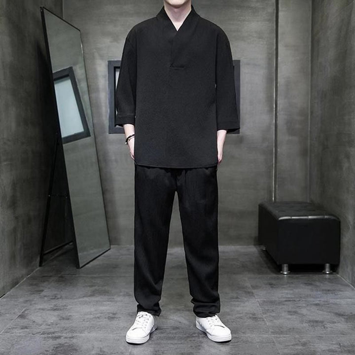 Buddha Stones無地 七分袖シャツ カジュアルパンツ 服 メンズ セット - 黒 - US/UK/AU44、 EU54 (4XL) - image 7