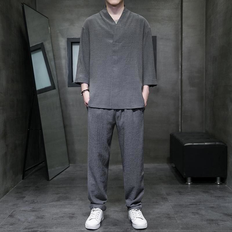 Buddha Stones無地 七分袖シャツ カジュアルパンツ 服 メンズ セット - 薄暗い灰色 - US/UK/AU44、 EU54 (4XL) - image 18