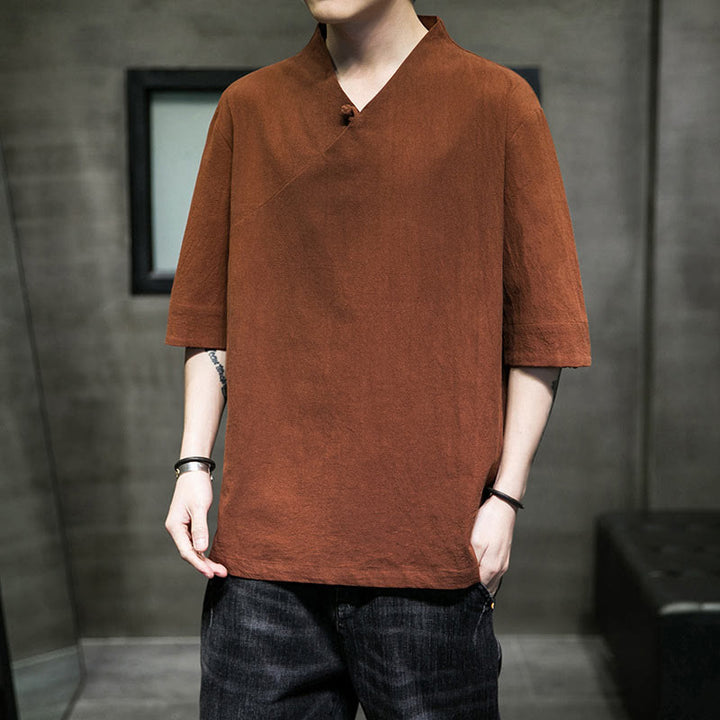 Buddha StonesVネック 無地 メンズ 半袖 コットンシャツ - ペルー - 5XL（USUK/AU46、EU56に適合） - image 0