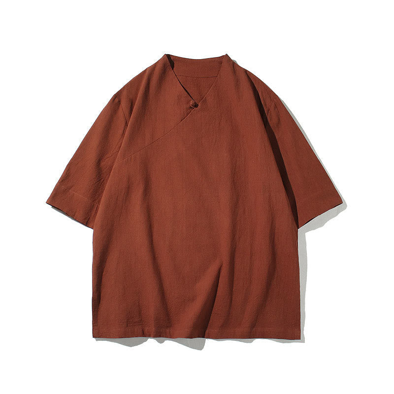 Buddha StonesVネック 無地 メンズ 半袖 コットンシャツ - image 4