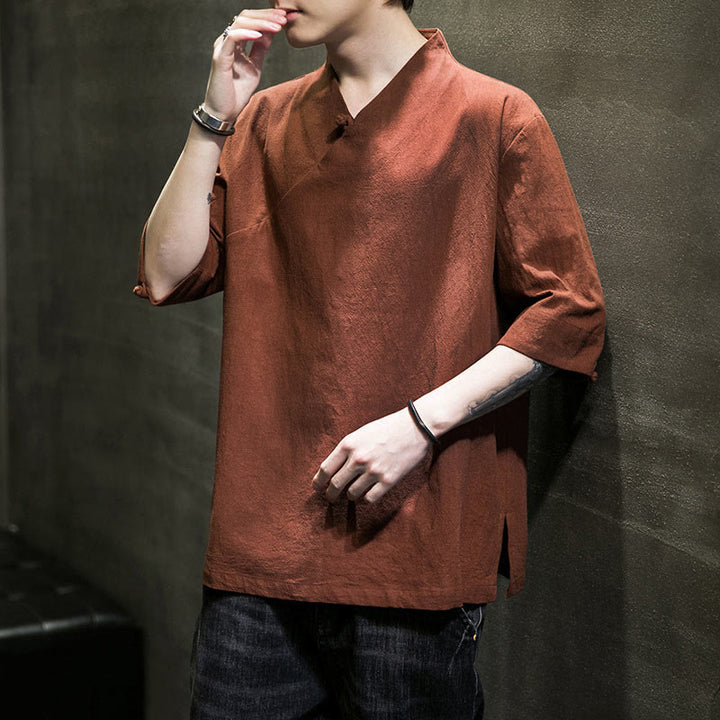 Buddha StonesVネック 無地 メンズ 半袖 コットンシャツ - image 3