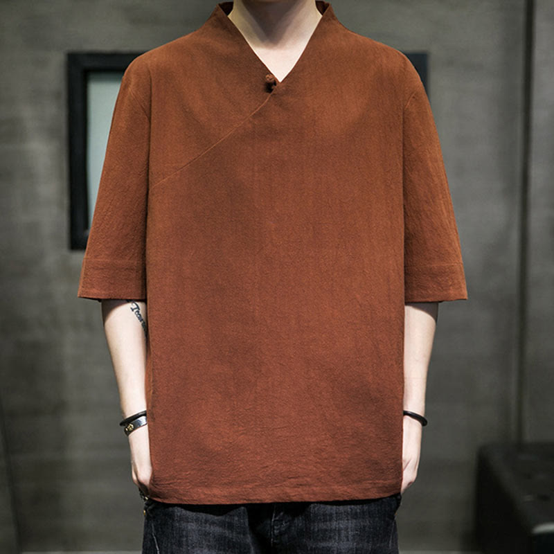 Buddha StonesVネック 無地 メンズ 半袖 コットンシャツ - image 1