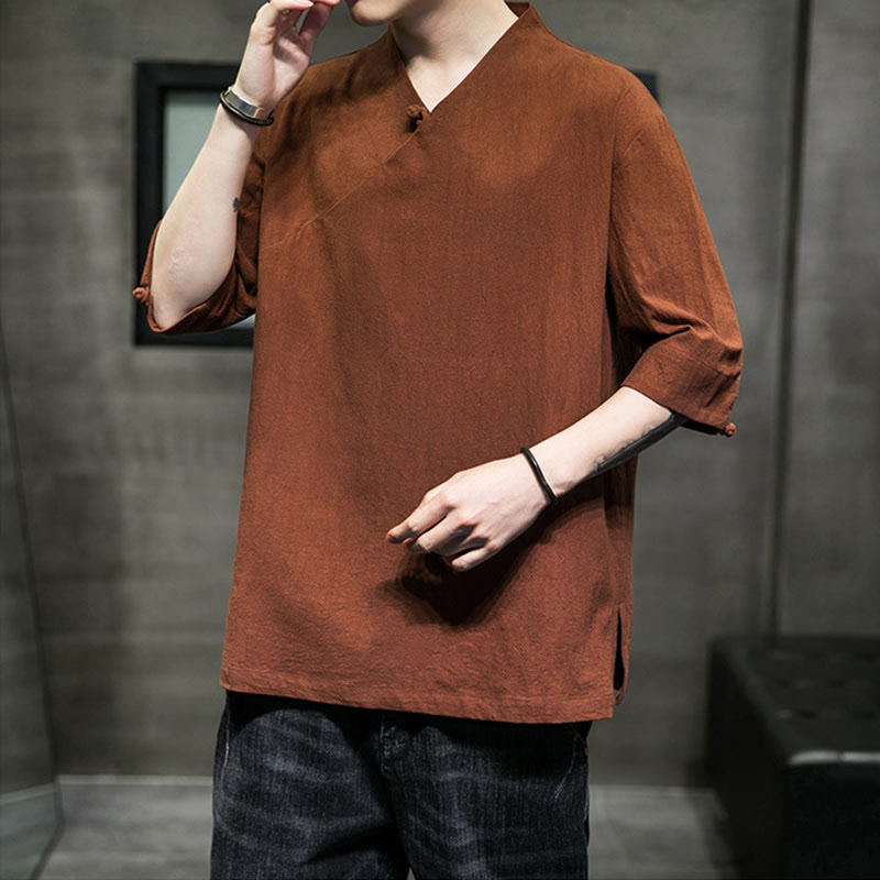 Buddha StonesVネック 無地 メンズ 半袖 コットンシャツ - image 7