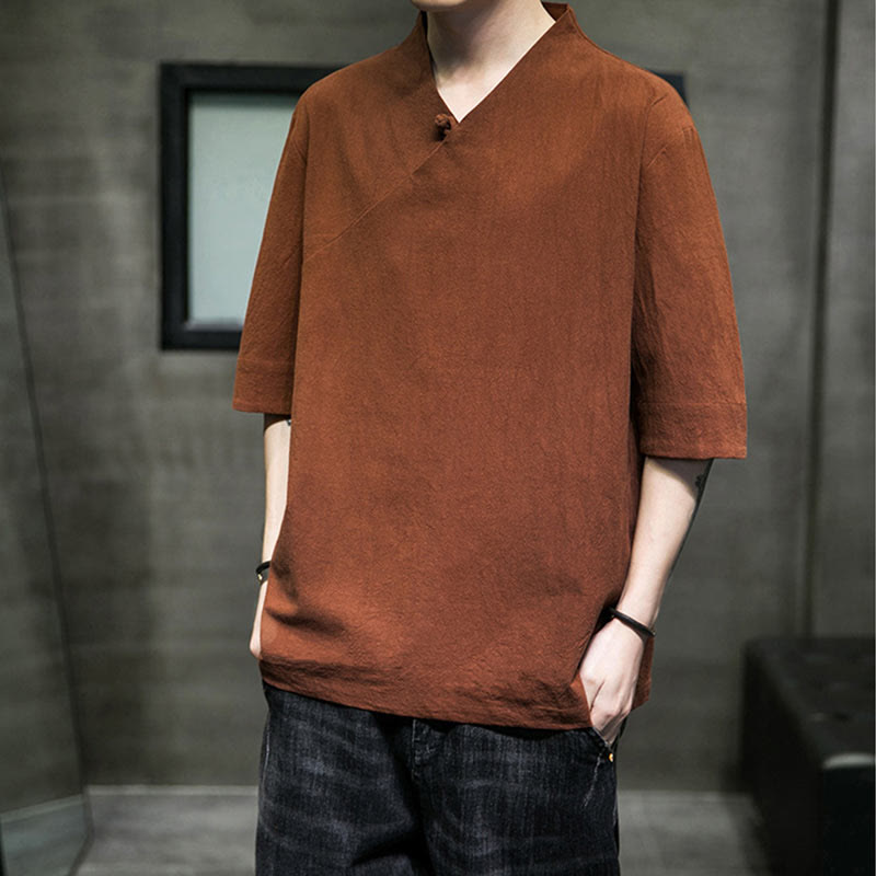 Buddha StonesVネック 無地 メンズ 半袖 コットンシャツ - image 9