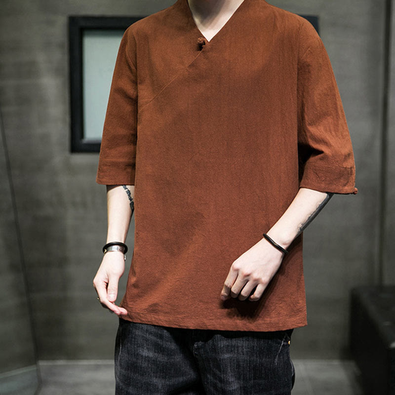 Buddha StonesVネック 無地 メンズ 半袖 コットンシャツ - image 10