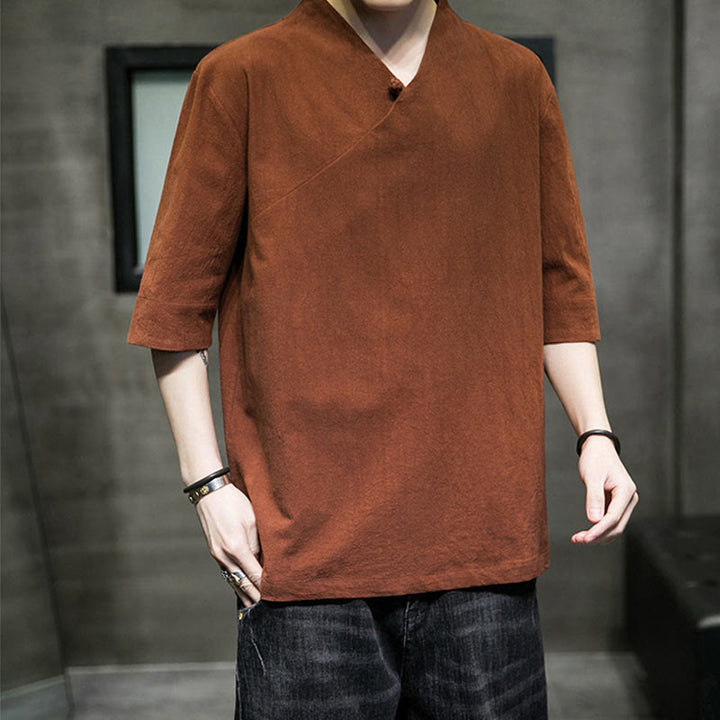 Buddha StonesVネック 無地 メンズ 半袖 コットンシャツ - image 2