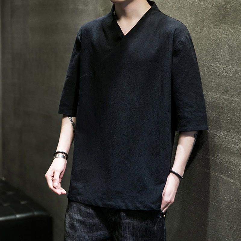 Buddha StonesVネック 無地 メンズ 半袖 コットンシャツ - image 16