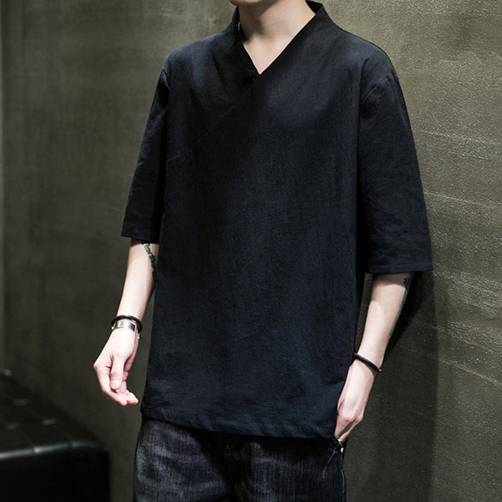 Buddha StonesVネック 無地 メンズ 半袖 コットンシャツ - image 16