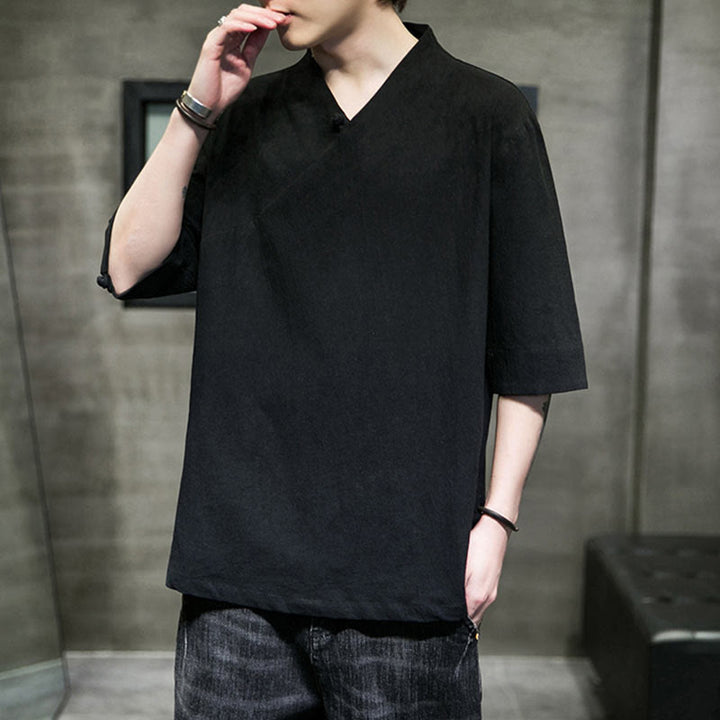 Buddha StonesVネック 無地 メンズ 半袖 コットンシャツ - image 15