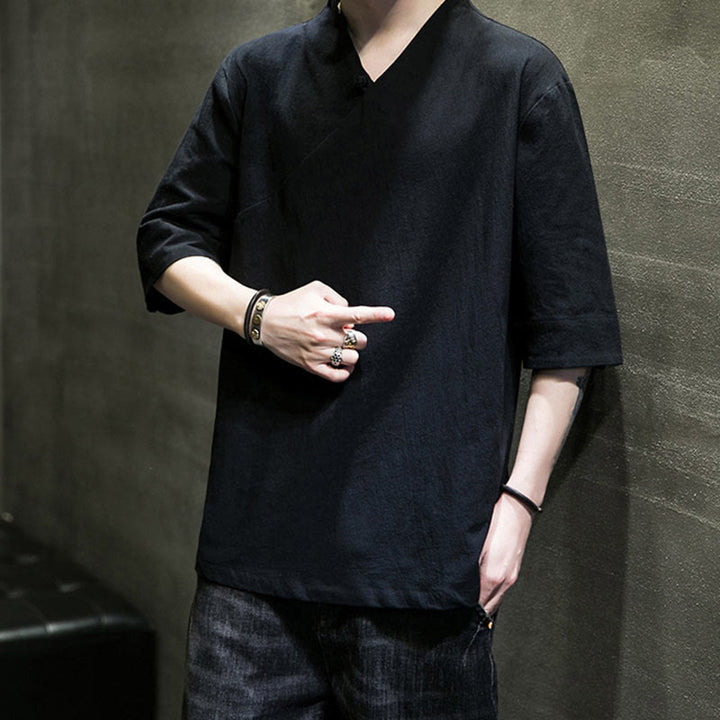 Buddha StonesVネック 無地 メンズ 半袖 コットンシャツ - image 18