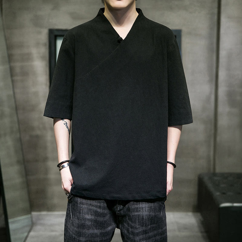 Buddha StonesVネック 無地 メンズ 半袖 コットンシャツ - image 14