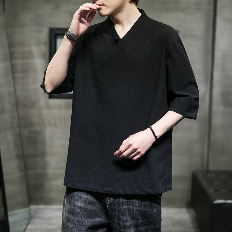 Buddha StonesVネック 無地 メンズ 半袖 コットンシャツ - image 17