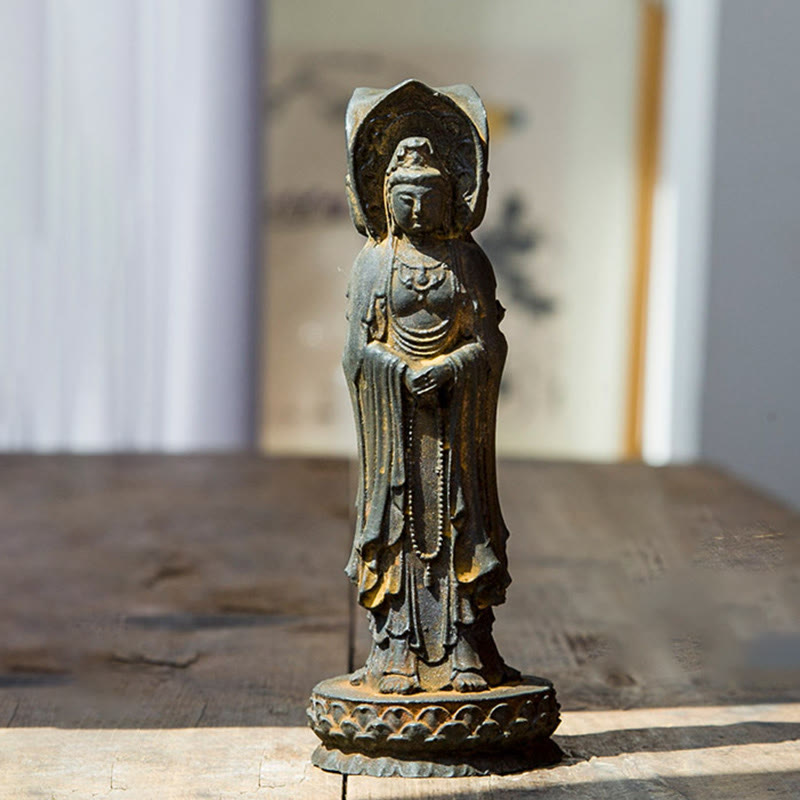 Buddha Stones三面観音 観音菩薩 鉄粉錆鋳造樹脂像 富の机上装飾 - image 1