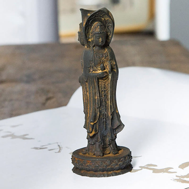 Buddha Stones三面観音 観音菩薩 鉄粉錆鋳造樹脂像 富の机上装飾