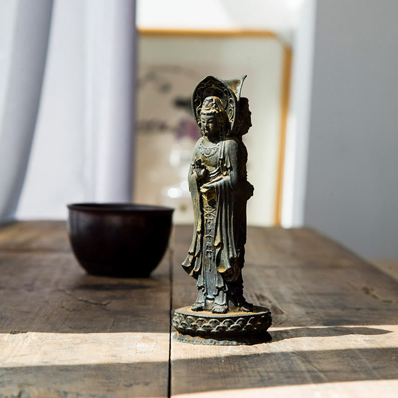 Buddha Stones三面観音 観音菩薩 鉄粉錆鋳造樹脂像 富の机上装飾 - 錆バージョン 16.5×6cm - image 0
