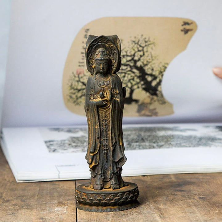 Buddha Stones三面観音 観音菩薩 鉄粉錆鋳造樹脂像 富の机上装飾