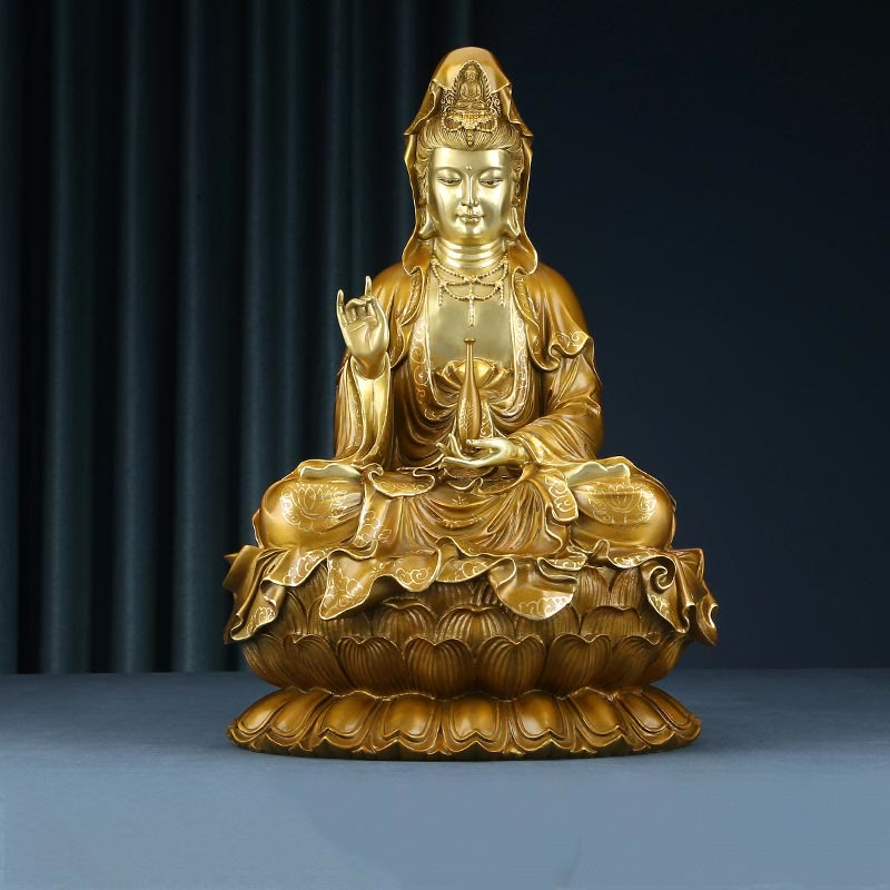 観音Buddha Stones蓮華座像 真鍮銅像 家庭用祭壇装飾 - 黄金の観音菩薩 27*25*41cm - image 0