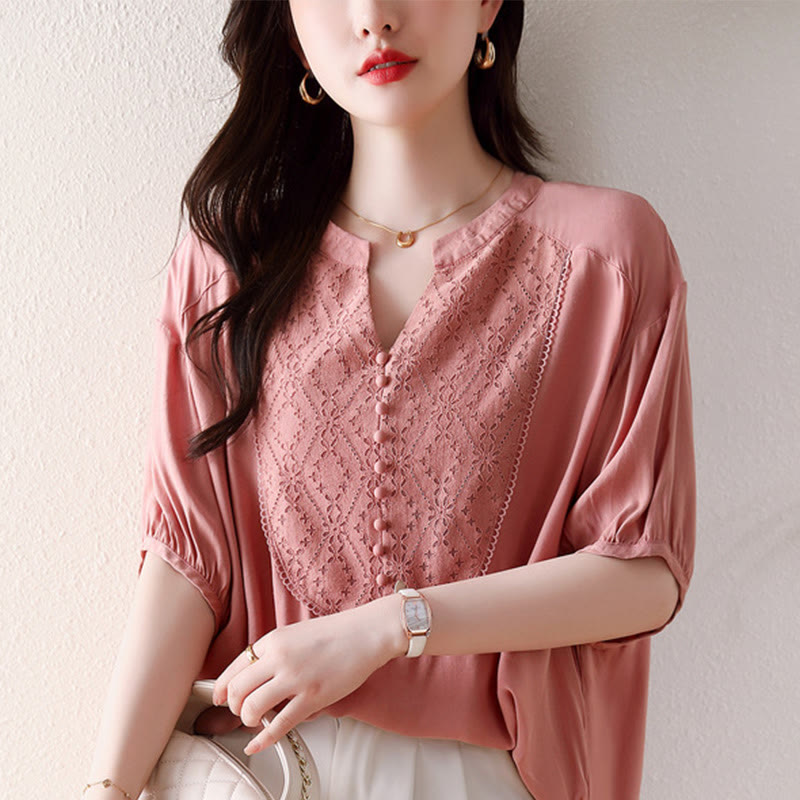 Buddha StonesVネック ピンクボタンデザイン ハーフスリーブTシャツ - image 10