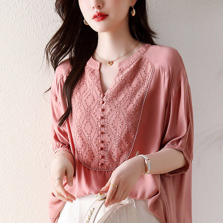 Buddha StonesVネック ピンクボタンデザイン ハーフスリーブTシャツ - image 1