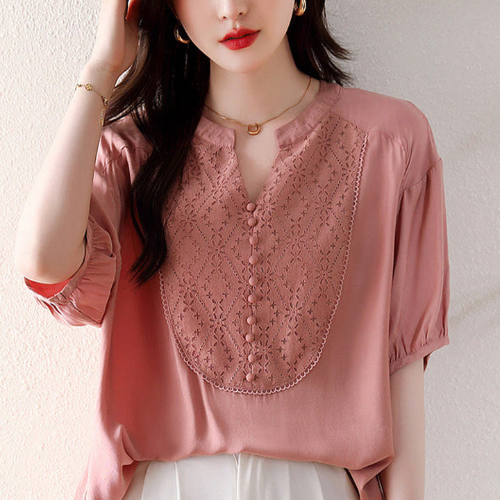 Buddha StonesVネック ピンクボタンデザイン ハーフスリーブTシャツ - image 13