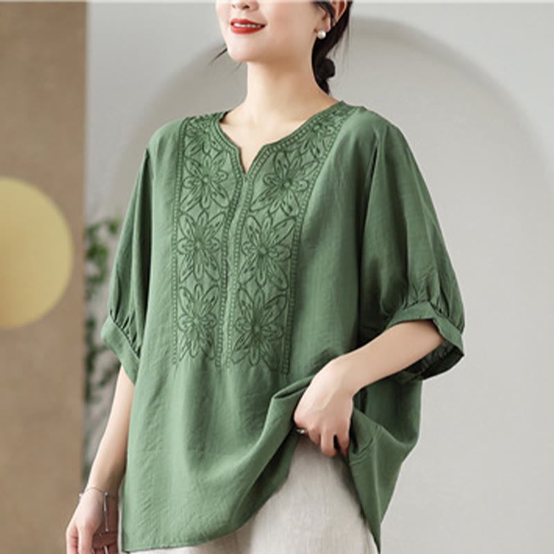 Buddha Stonesの花の刺繍デザイン半袖コットンリネンTシャツ - image 8