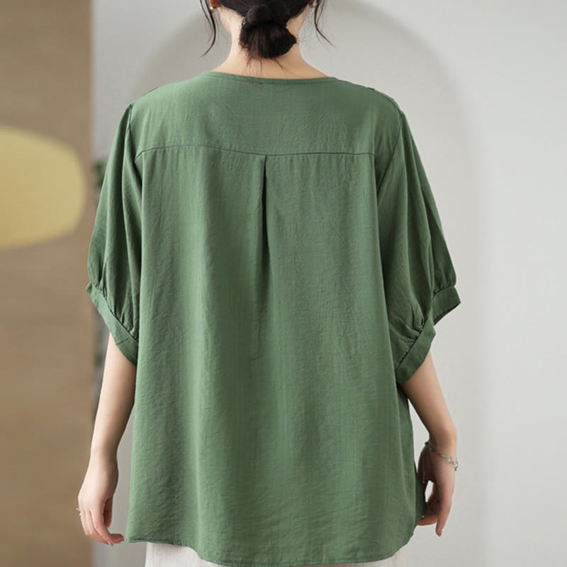 Buddha Stonesの花の刺繍デザイン半袖コットンリネンTシャツ - image 2