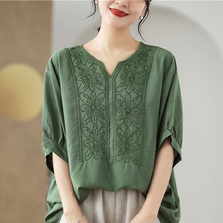 Buddha Stonesの花の刺繍デザイン半袖コットンリネンTシャツ - image 1