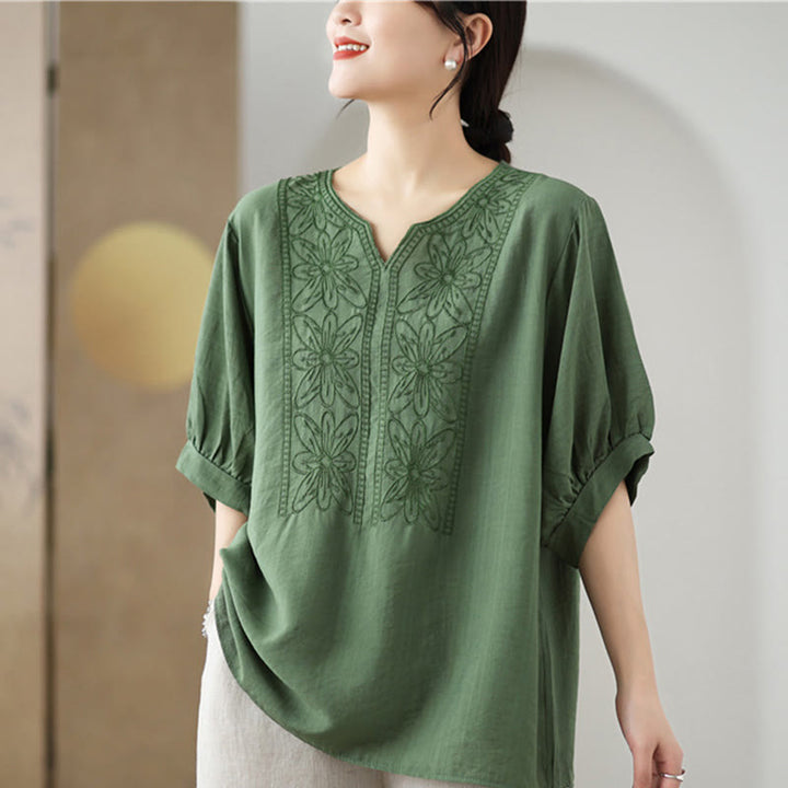 Buddha Stonesの花の刺繍デザイン半袖コットンリネンTシャツ - image 4