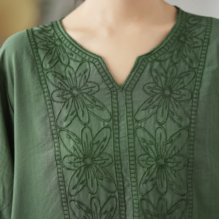 Buddha Stonesの花の刺繍デザイン半袖コットンリネンTシャツ - image 5