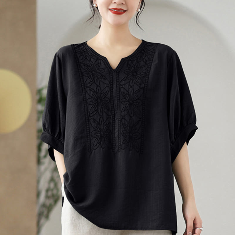 Buddha Stonesの花の刺繍デザイン半袖コットンリネンTシャツ - image 12