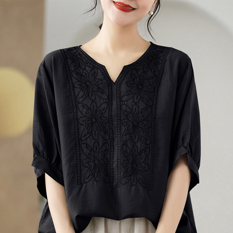 Buddha Stonesの花の刺繍デザイン半袖コットンリネンTシャツ - 黒 - F( US4-6、 UK/AU8-10、EU36-38に適合) - image 11