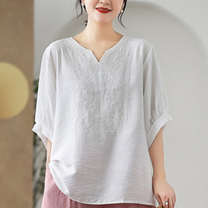 Buddha Stonesの花の刺繍デザイン半袖コットンリネンTシャツ - image 21