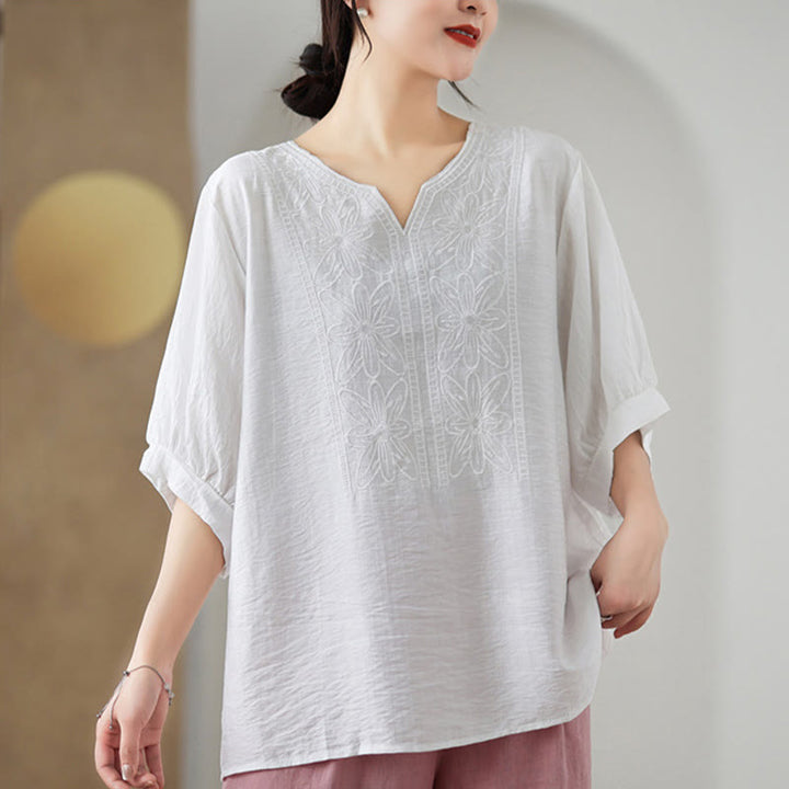 Buddha Stonesの花の刺繍デザイン半袖コットンリネンTシャツ - image 16