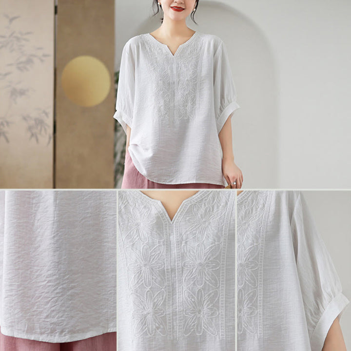 Buddha Stonesの花の刺繍デザイン半袖コットンリネンTシャツ - image 19