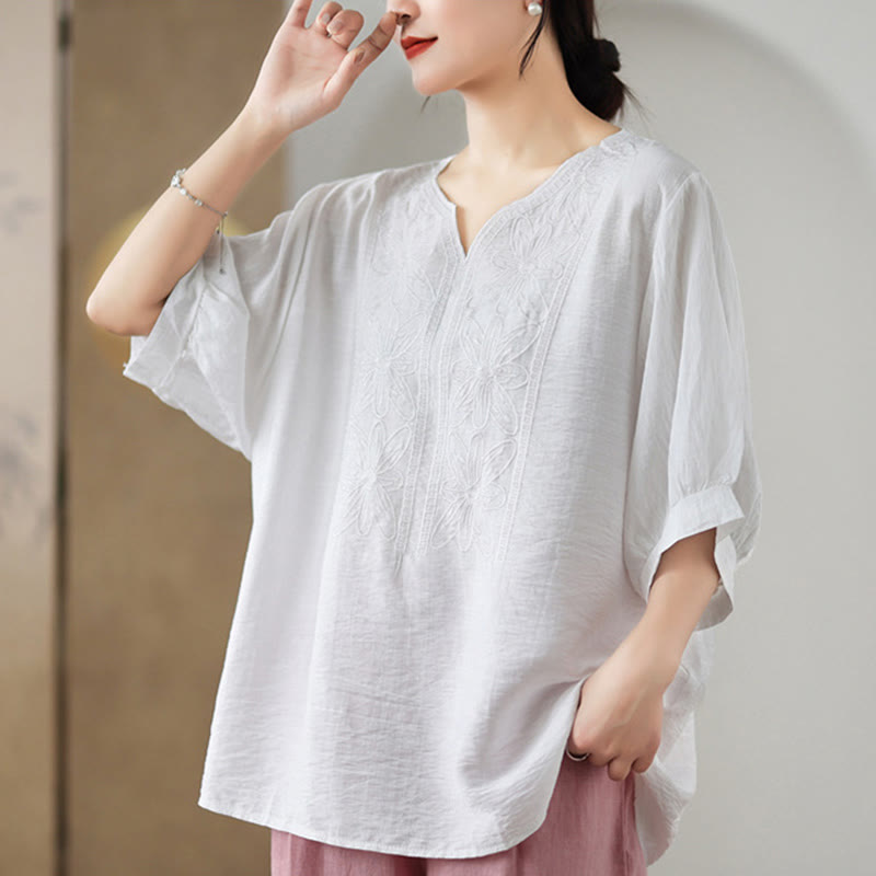 Buddha Stonesの花の刺繍デザイン半袖コットンリネンTシャツ - image 18