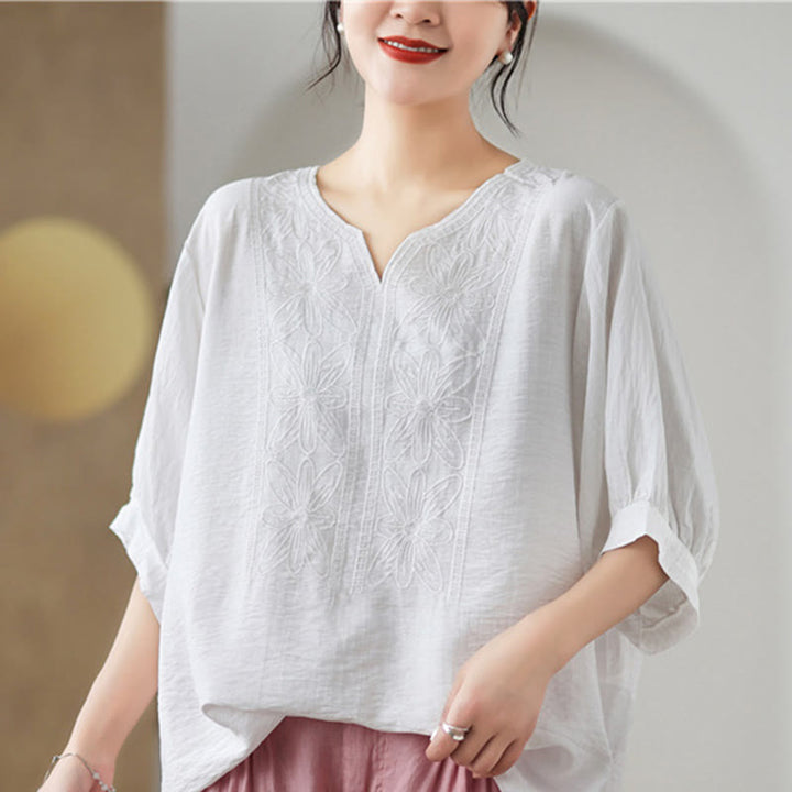 Buddha Stonesの花の刺繍デザイン半袖コットンリネンTシャツ - image 20