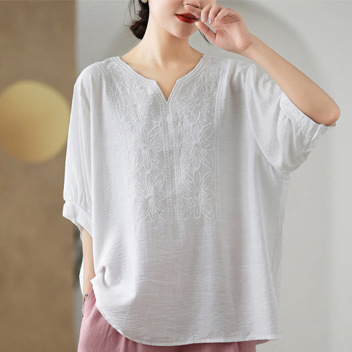 Buddha Stonesの花の刺繍デザイン半袖コットンリネンTシャツ - image 17