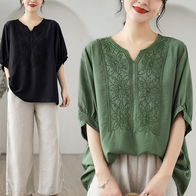 Buddha Stonesの花の刺繍デザイン半袖コットンリネンTシャツ - image 10