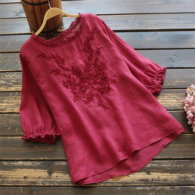 Buddha Stonesレディース フラワー刺繍デザイン クルーネック Tシャツ - ライトコーラル - US14、 UK/AU18、 EU46 (4XL) - image 6