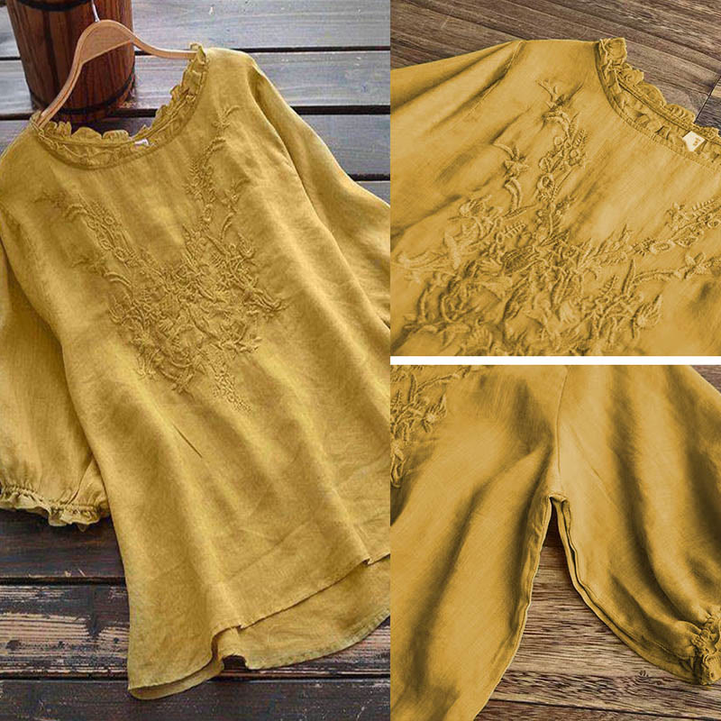 Buddha Stonesレディース フラワー刺繍デザイン クルーネック Tシャツ - image 9